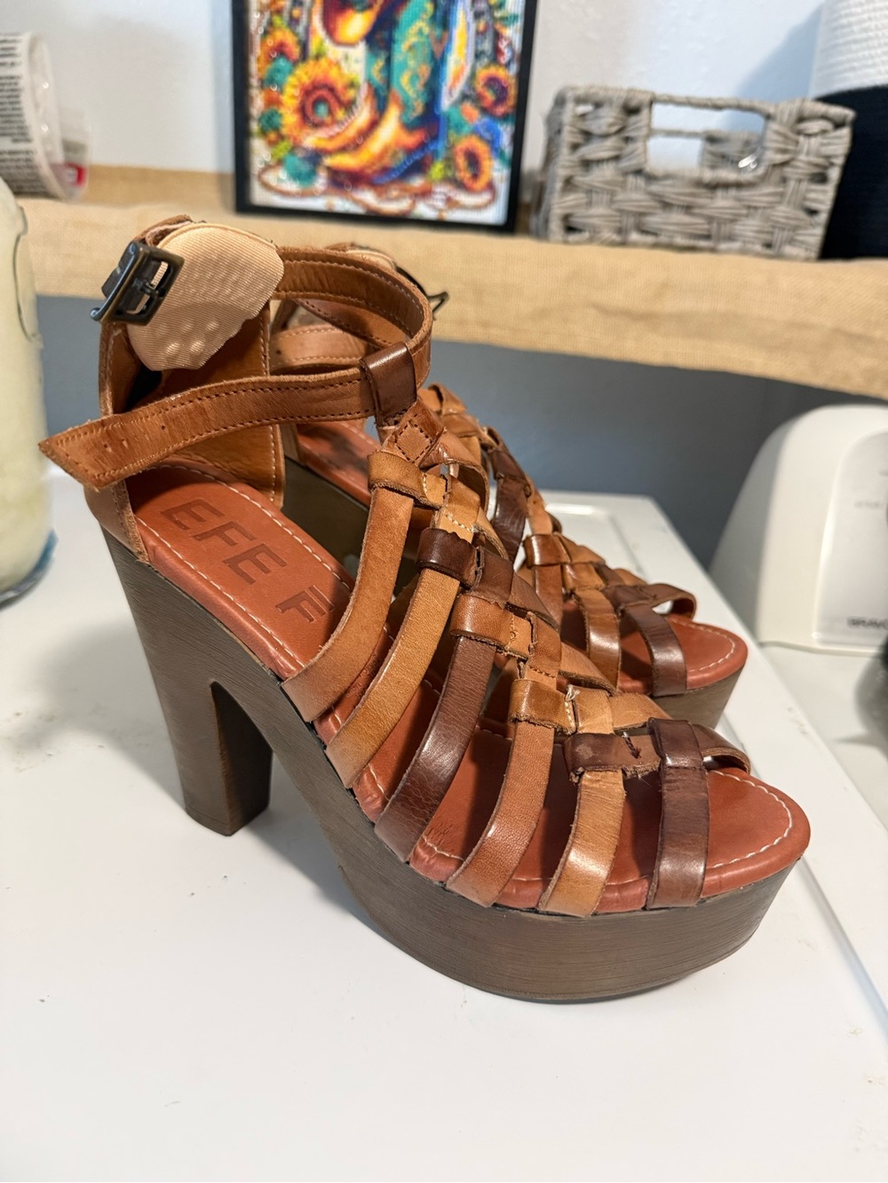 Woven Leather Platform Sandal - Brown/Tan